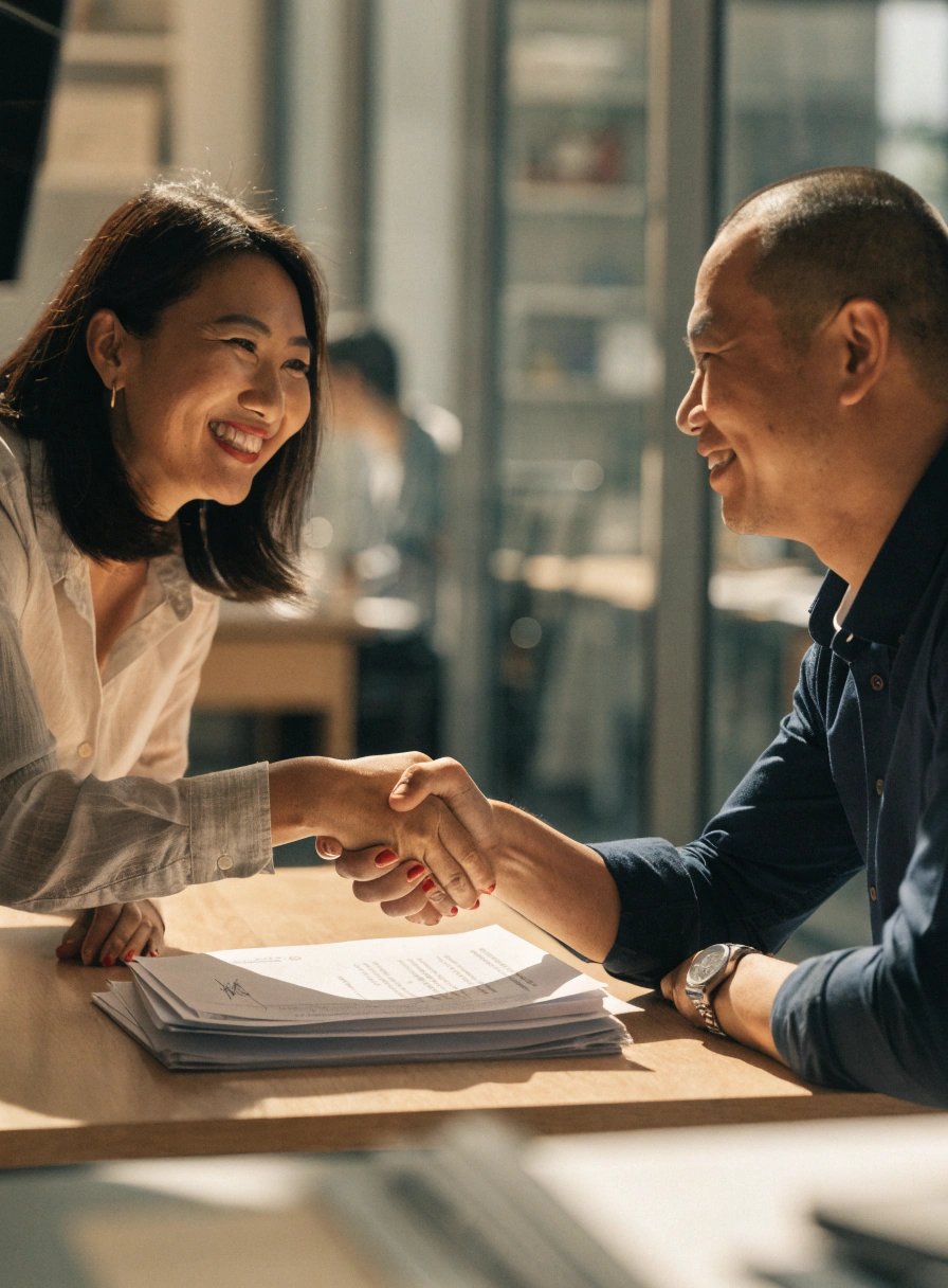 Loan officer and client shaking hands over signed mortgage papers